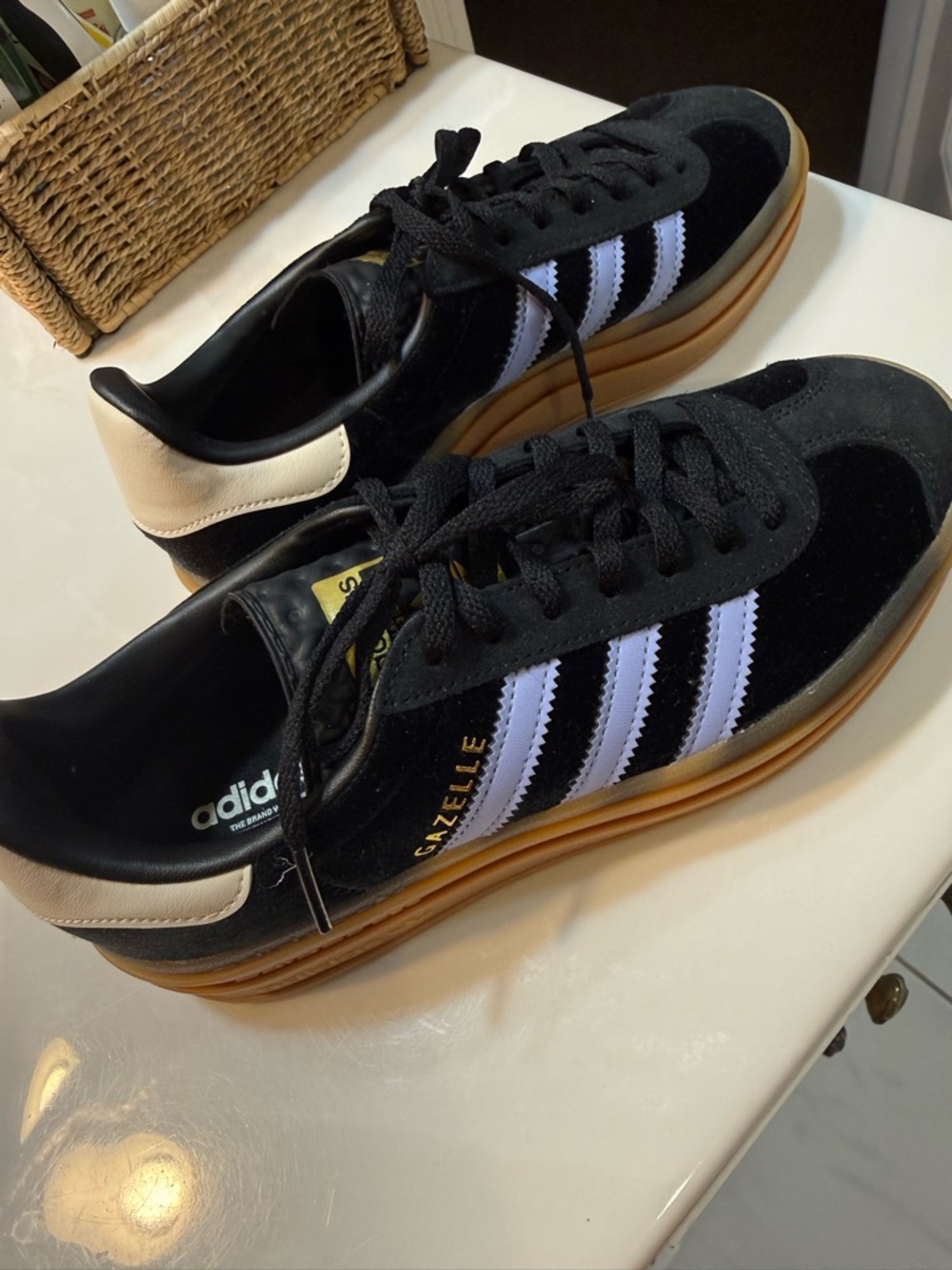 adidas Gazelle Black White Sneakers with Gum Sole and Cream Heel